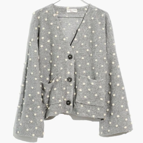 Madewell Gray Fuzzy Polka Dot Cardigan Y2K Cozy Front Pocket Sweater - Picture 2 of 8